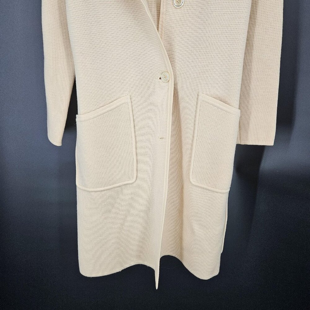 Vint Italian Virgin Wool Coat Jacket Sweater Women 10 Cream Knit Belt Italy 80s - Picture 5 of 13